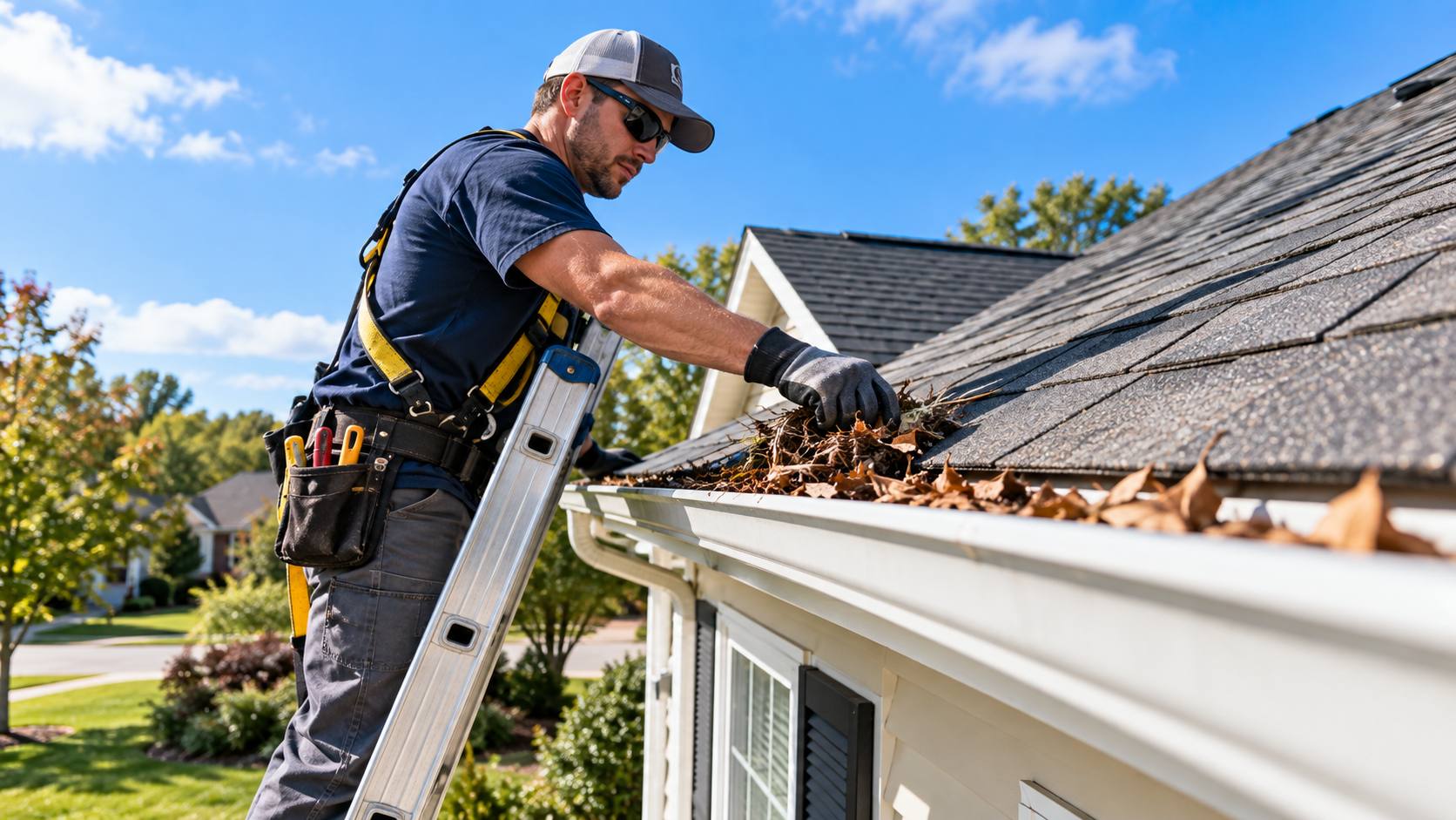 Fast Pro crew member cleaning a gutter on a Delray Beach home