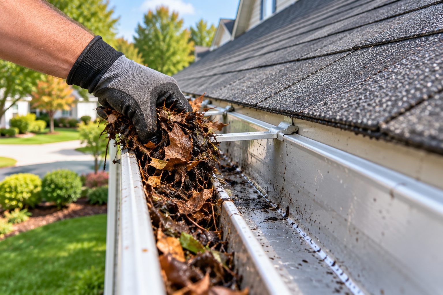 Hand-cleaning a gutter packed with debris in Delray Beach