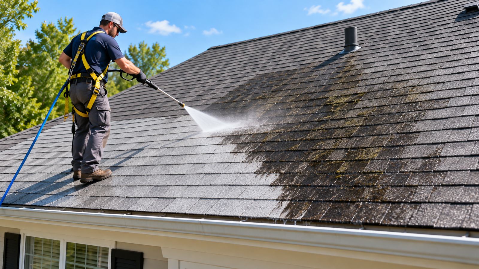Roof cleaning removing dark algae streaks from a Delray Beach roof